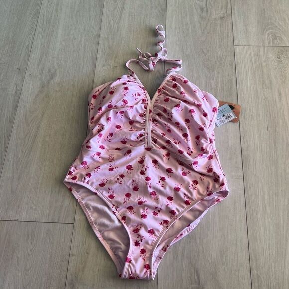 Shade & Shore Women's Halter Shirred Plunge Neck Medium Coverage One Piece Swims - Picture 1 of 11